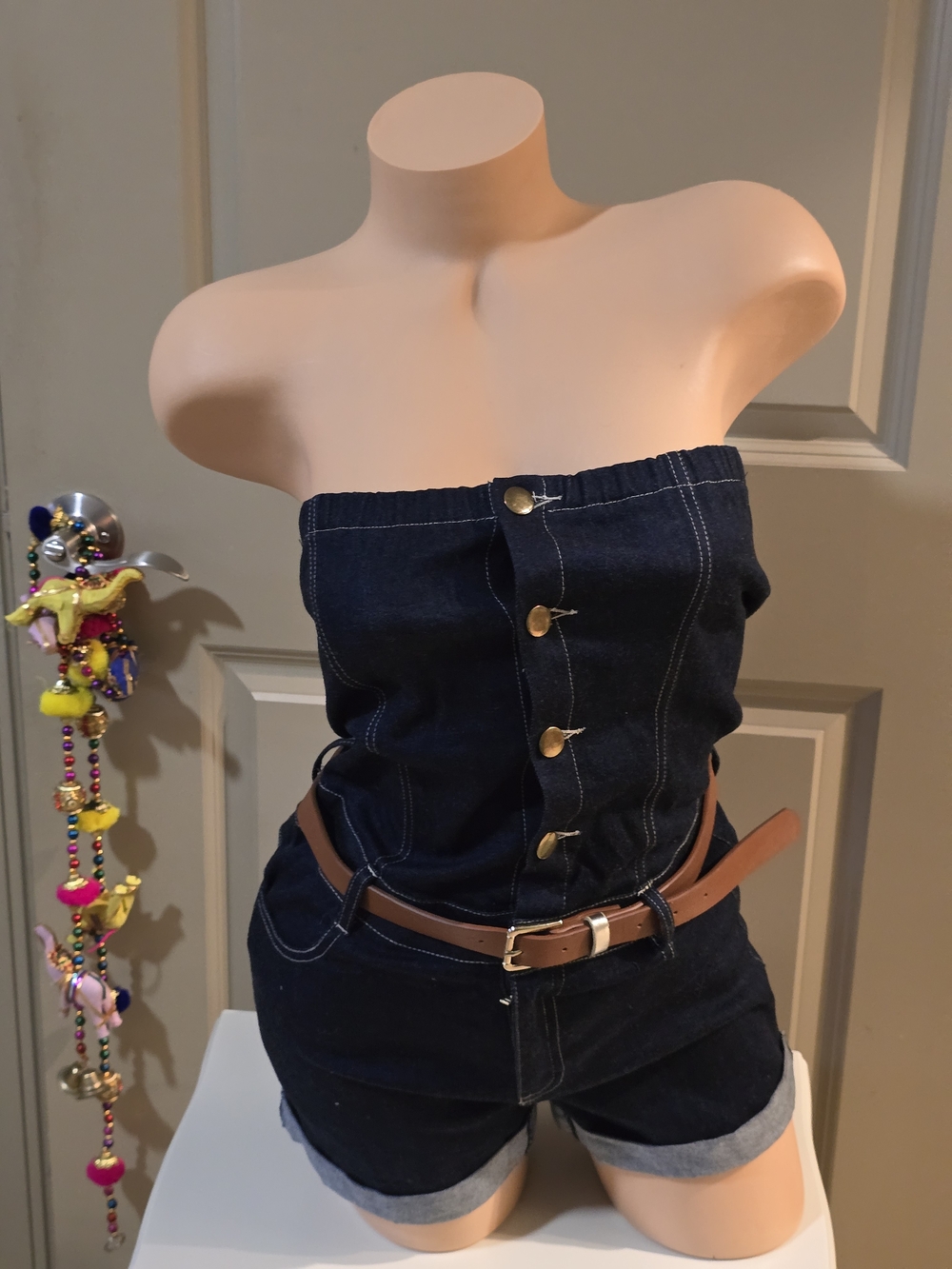 Strapless Dark Denim Romper with Belt